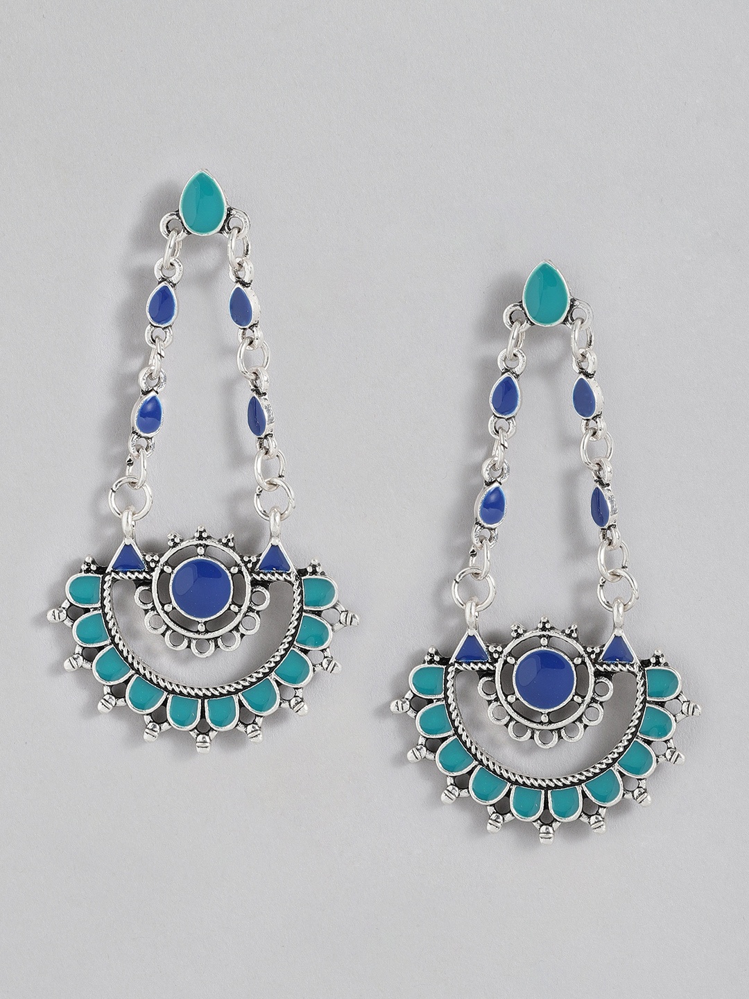 

Sangria Blue & Silver-Toned Geometric Enamelled Drop Earrings