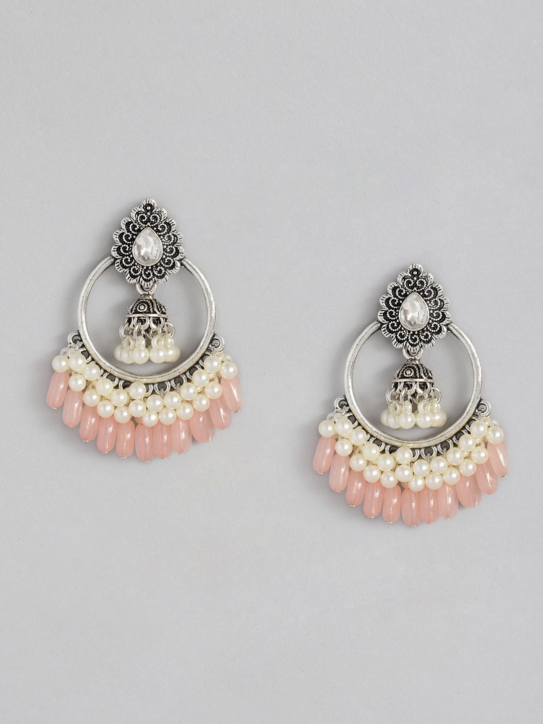 

Sangria Silver-Toned & Peach-Coloured Crescent Shaped Chandbalis
