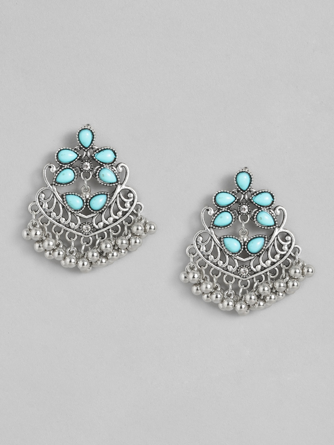 

Sangria Oxidised Floral Design Stone Studded Drop Earrings, Silver