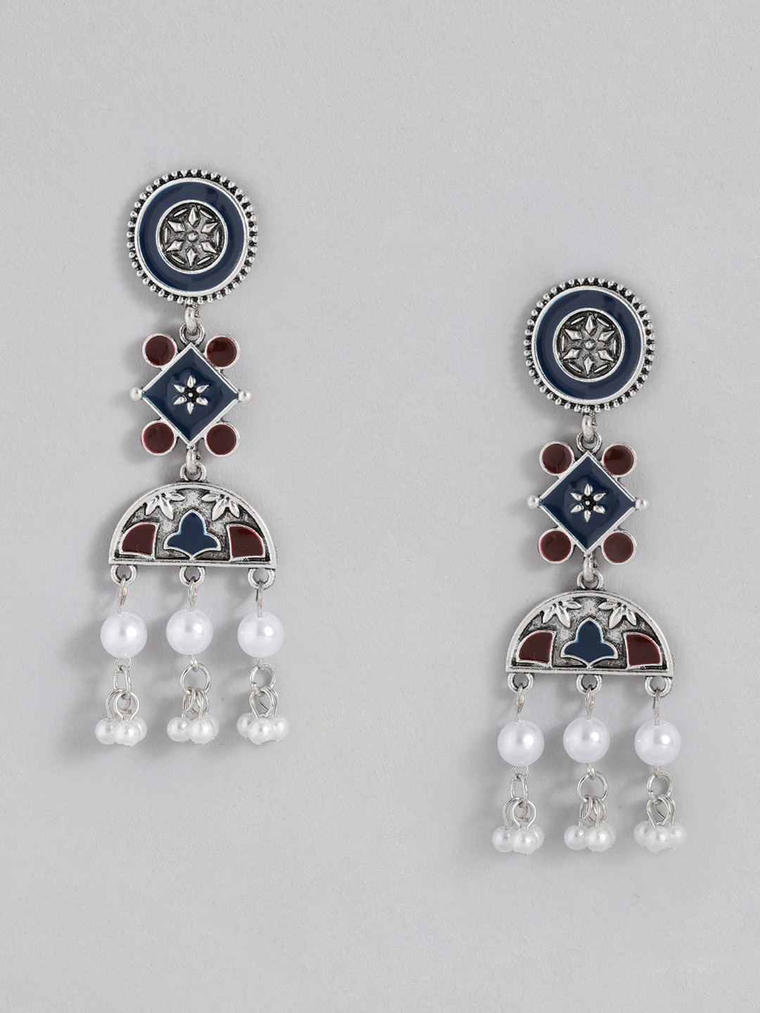 

Sangria Silver-Toned Blue & Maroon Geometric Enamelled Drop Earrings