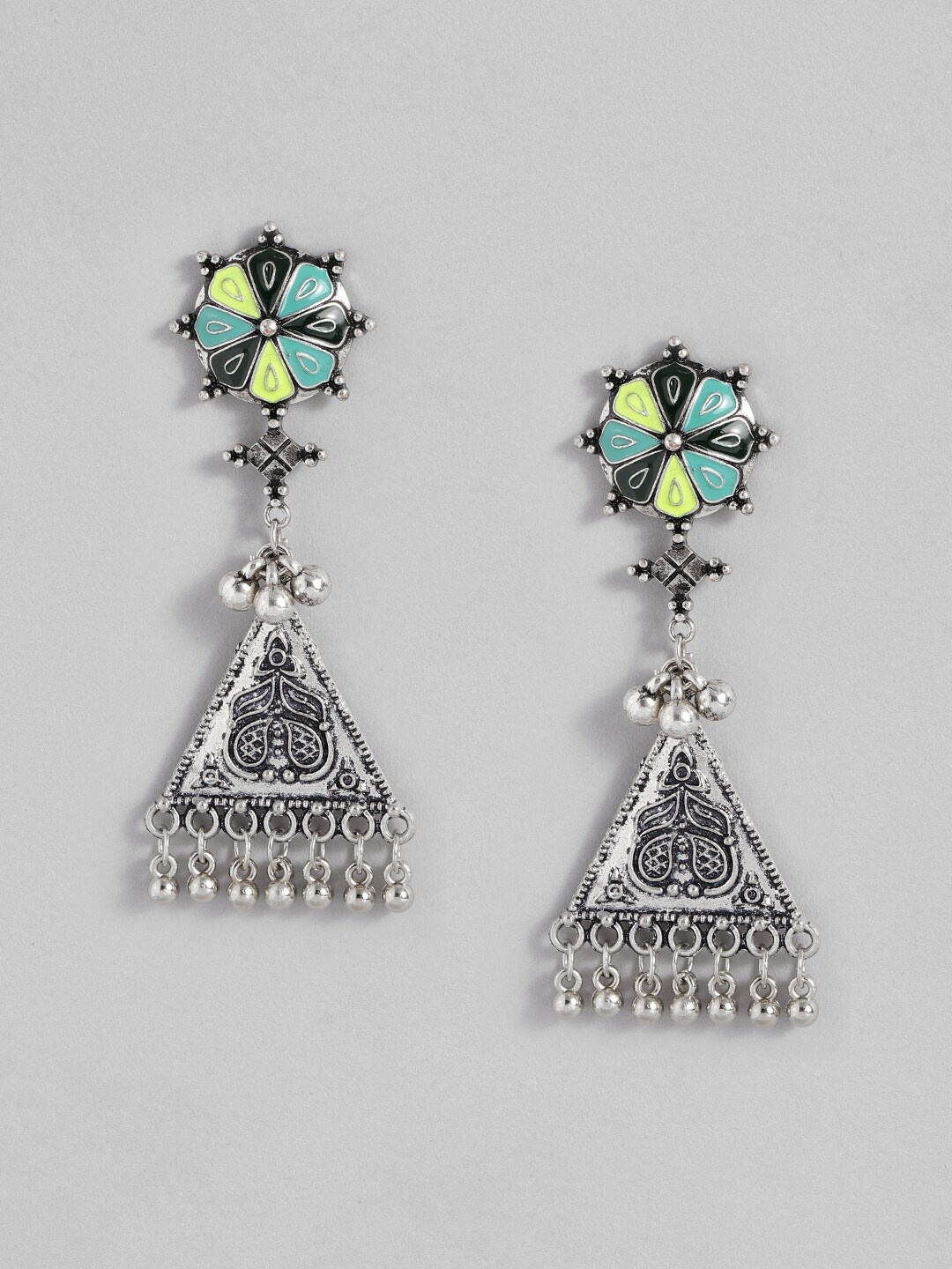 

Sangria Silver-Toned & Green Geometric Enamelled Drop Earrings