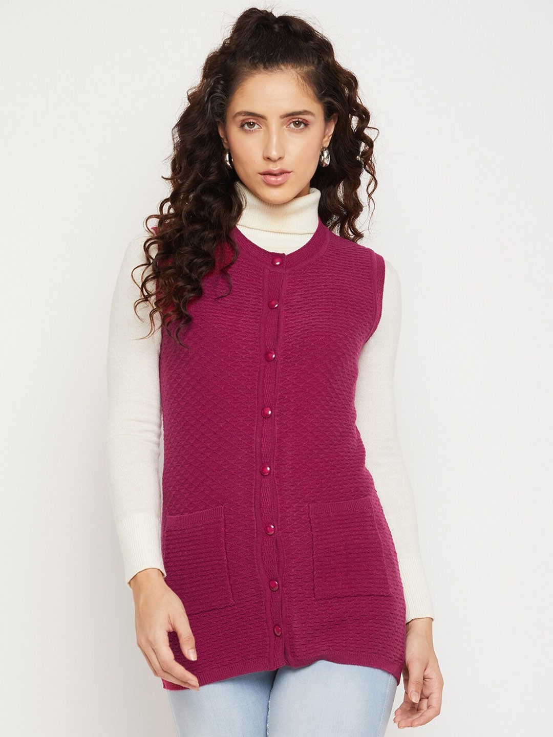 

Madame Women Magenta Self Design Cardigan