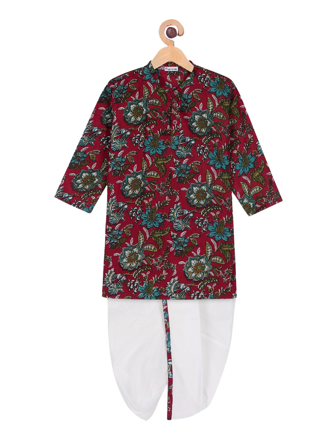 

Ka-mee Boys Floral Printed Pure Cotton Kurta with Dhoti Pants, Red