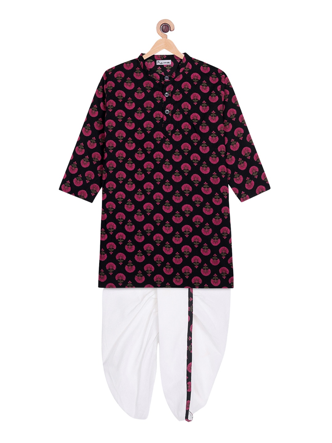 

Ka-mee Boys Ethnic Motifs Printed Pure Cotton Kurta with Dhoti Pants, Black