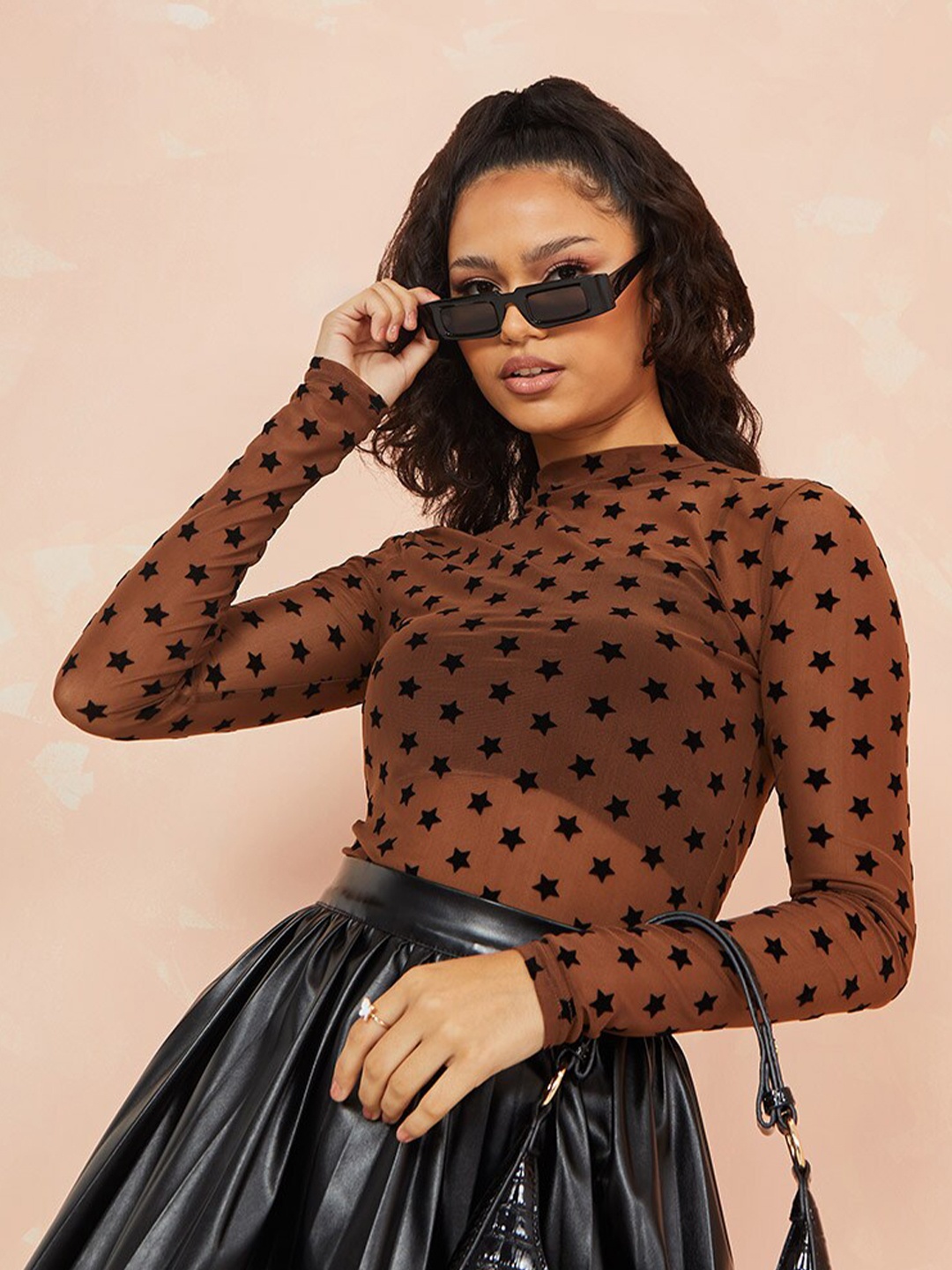 

Styli Women Brown & Black Long Sleeves Flocked Star Sheer Mesh Fitted Top
