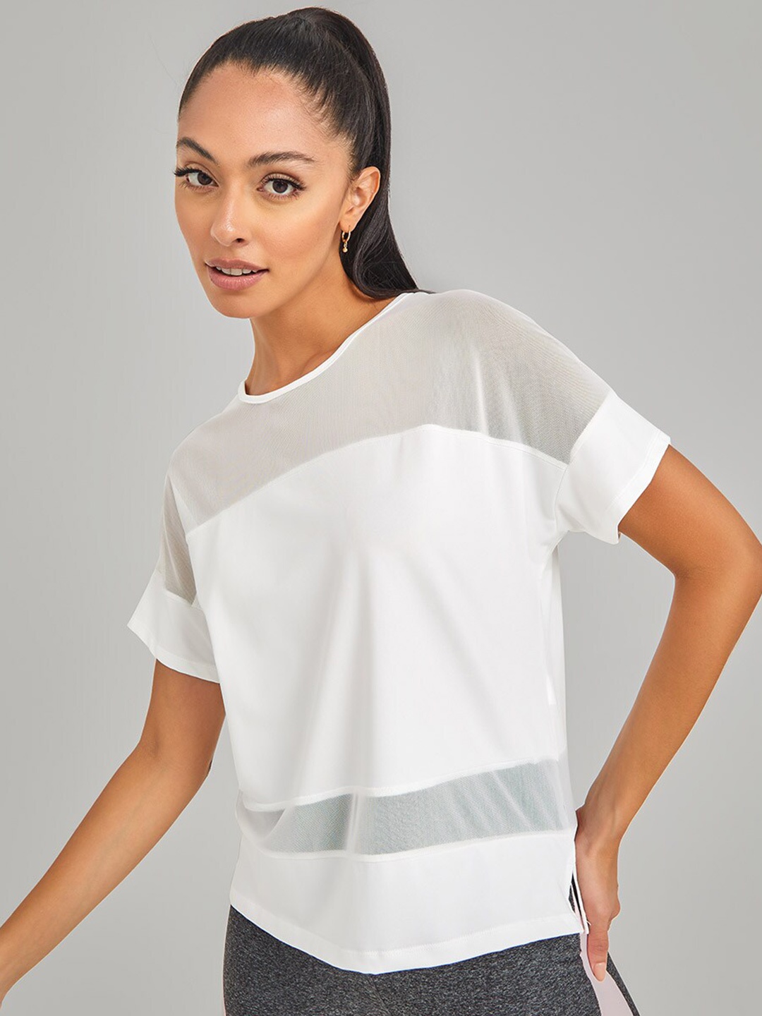 

Styli Women White Mesh Panel Detail Activewear T-shirt