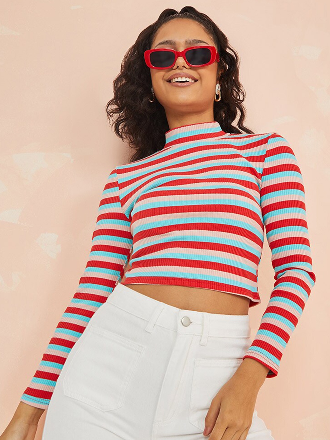 

Styli Striped Long Sleeves Knitted Crop Top, Red