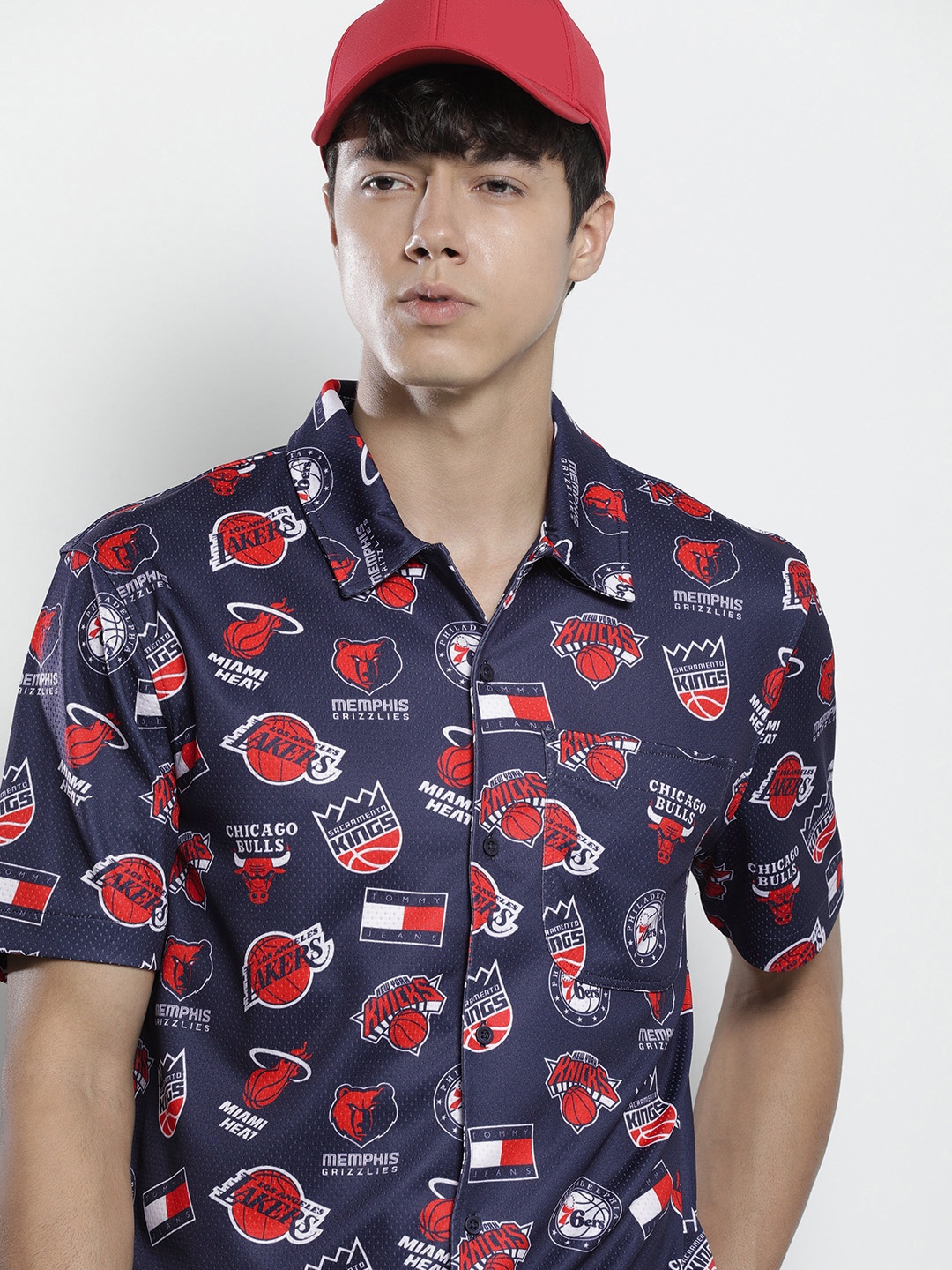 

Tommy Hilfiger Men Navy Blue And Red Graphic Printed Casual Shirt