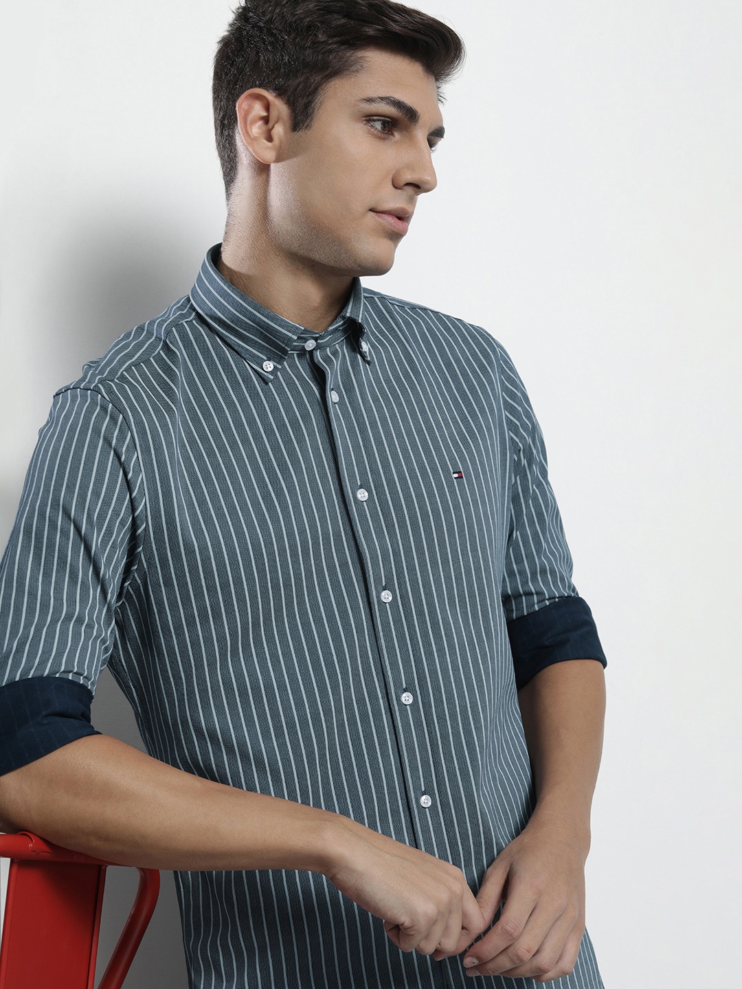 

Tommy Hilfiger Men Blue & White Striped Pure Cotton Casual Shirt