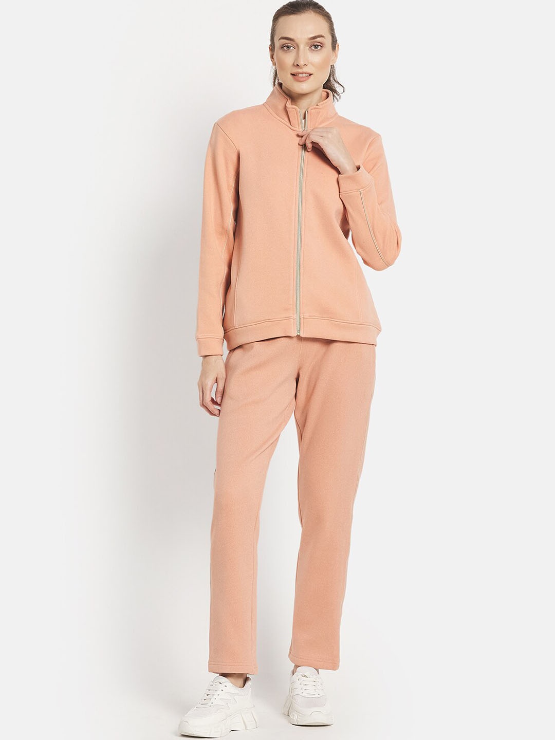 

METTLE Women Pink Solid Tracksuits, Peach