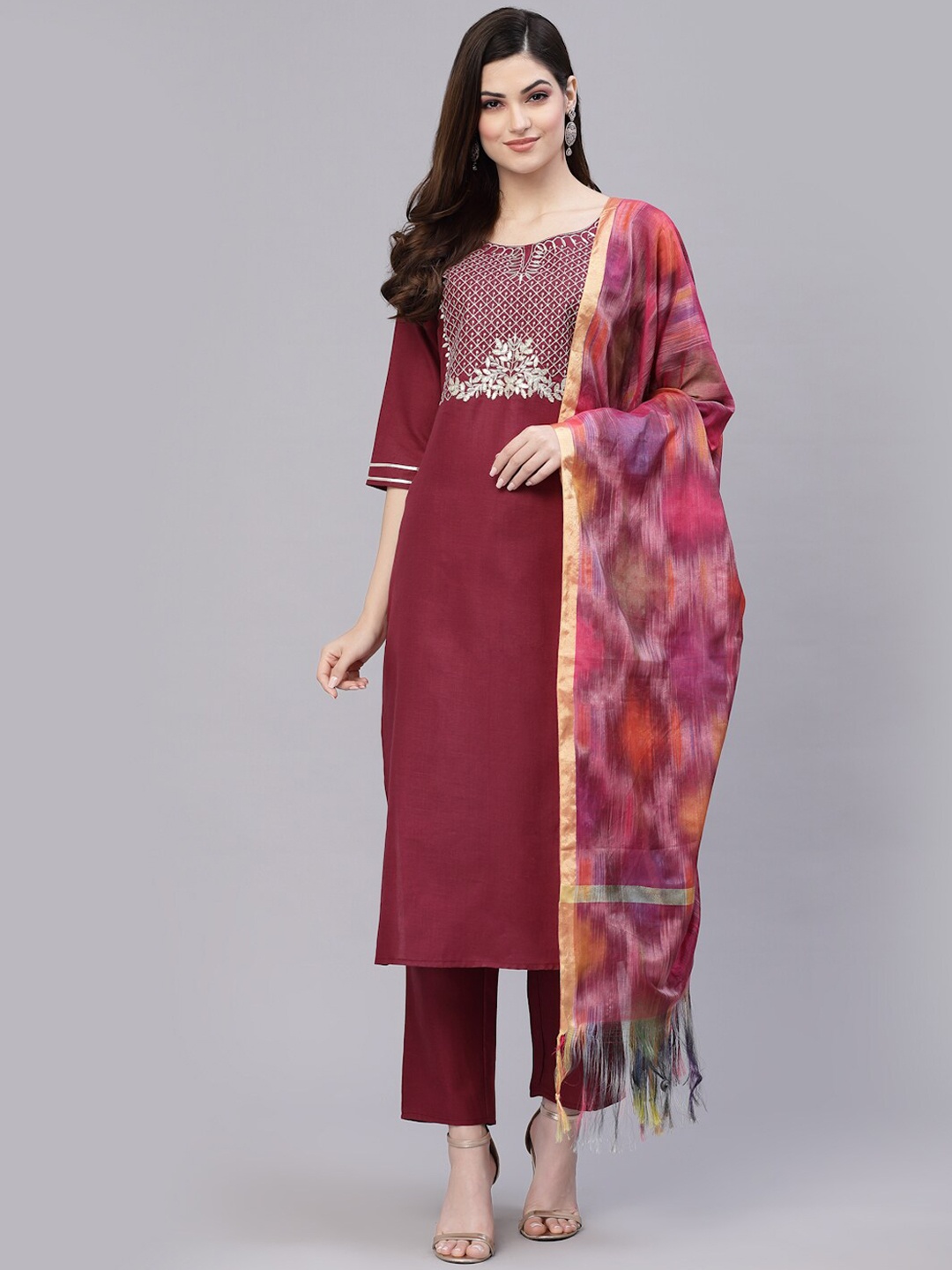 

Stylum Women Burgundy Ethnic Motifs Yoke Design Kurta with Trousers & Dupatta