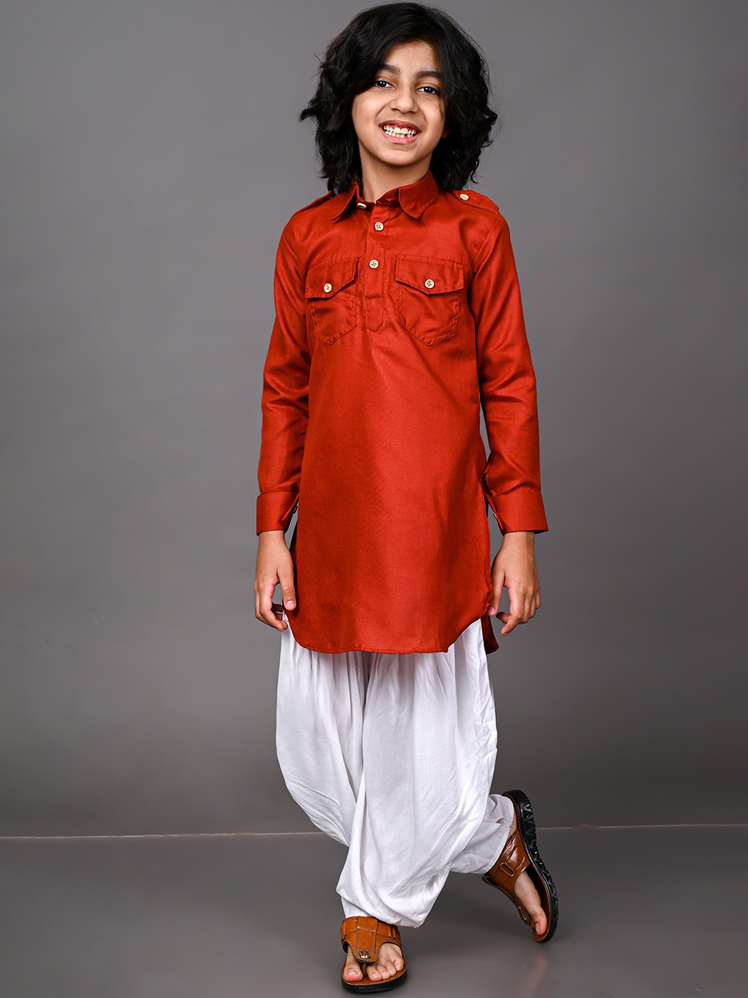 

VESHAM Boys Solid Cotton Blend Pathani Kurta with Patiala, Rust