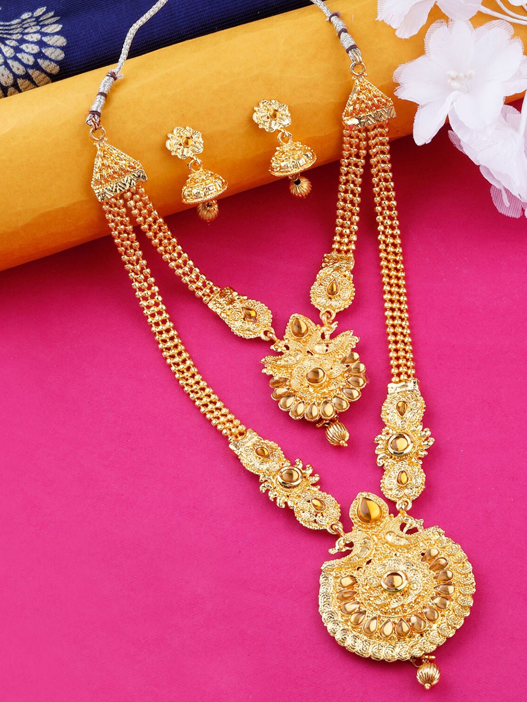 

Silver Shine Gold-Plated White Stone-Studded & Beaded Jewellery Set