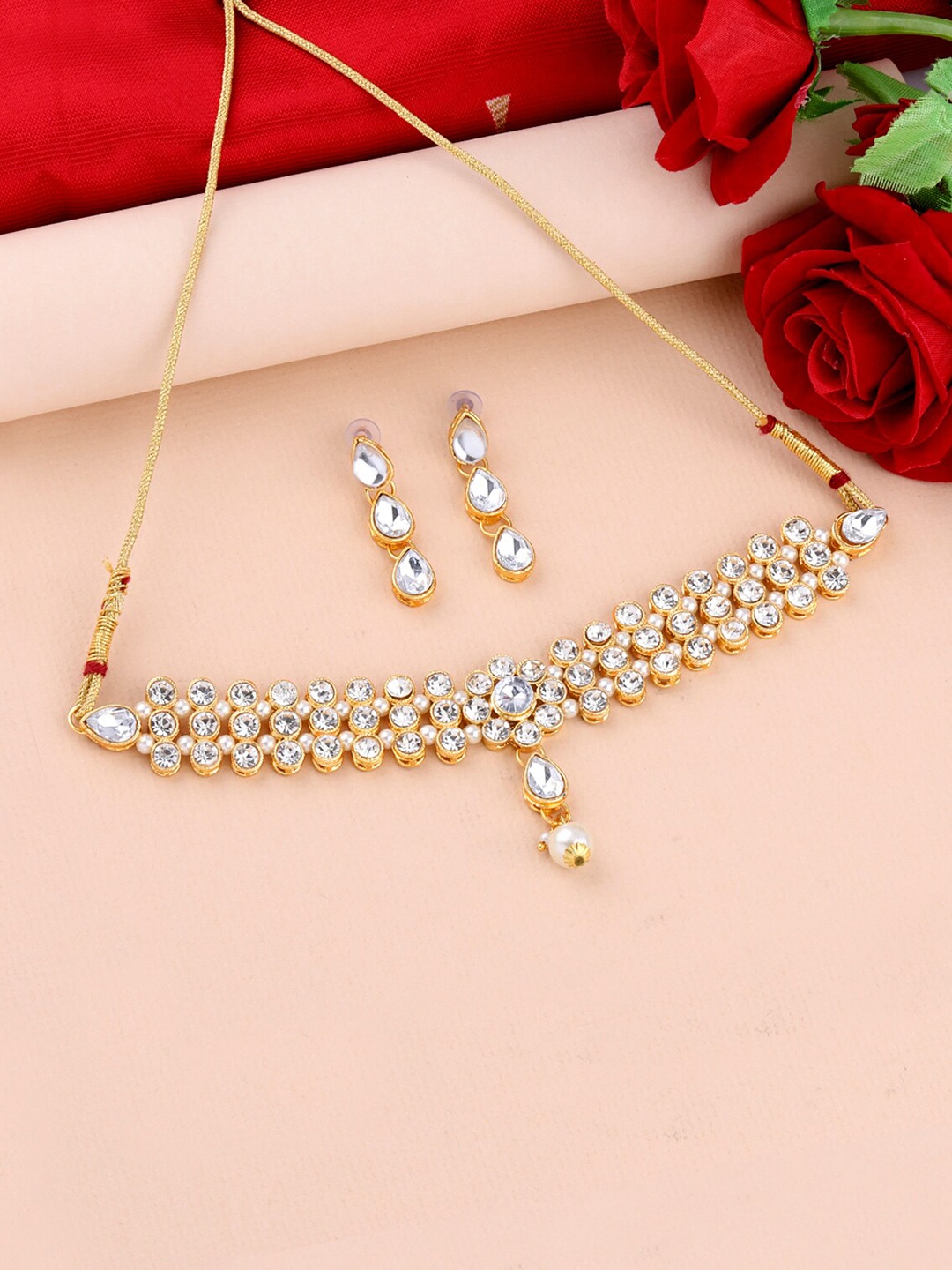 

Silver Shine Gold-Plated White Pearls Studded & Beaded Jewellery Set