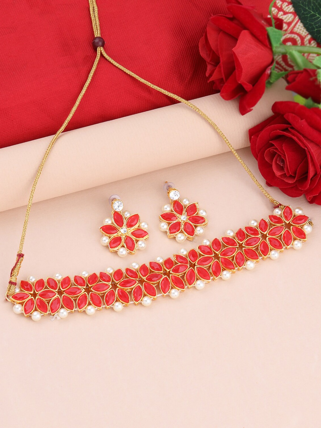 

Silver Shine Gold-Plated Red Stone-Studded Choker Jewellery Set