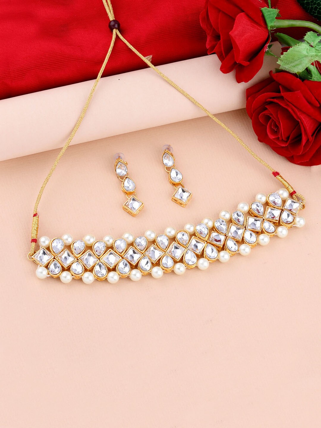 

Silver Shine Gold-Plated White Stone Studded & Beaded Jewellery Set