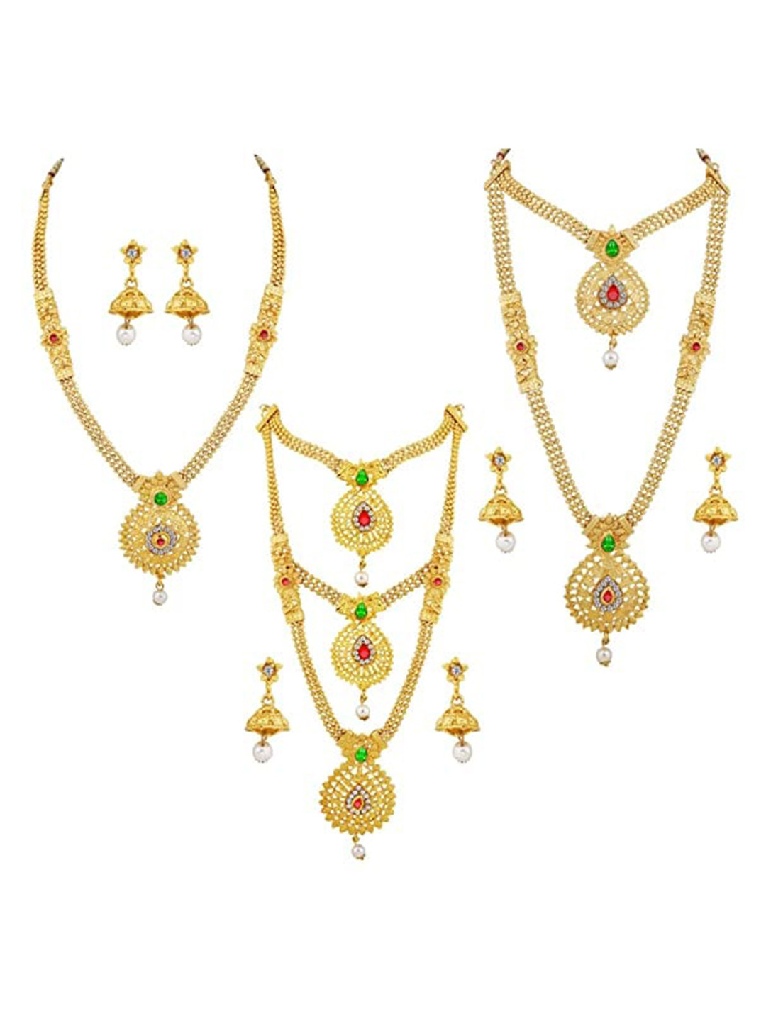 

Silver Shine Gold-Plated Red & Green Stone-Studded & Beaded Jewellery Set