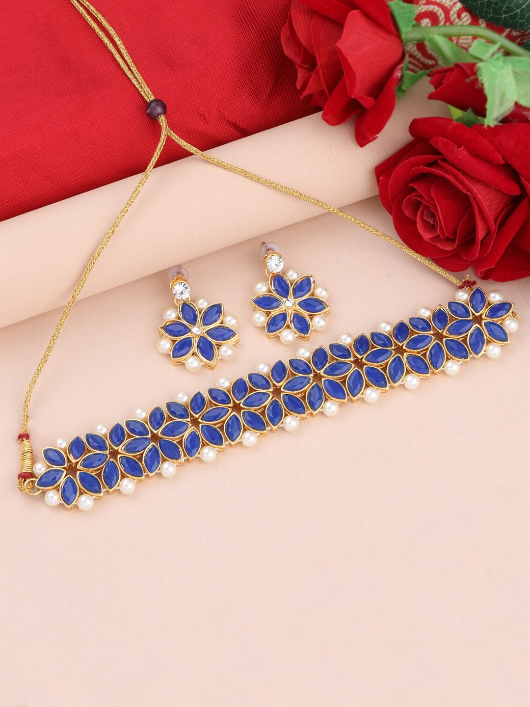

Silver Shine Gold-Plated & Blue Stone-Studded Jewellery Set