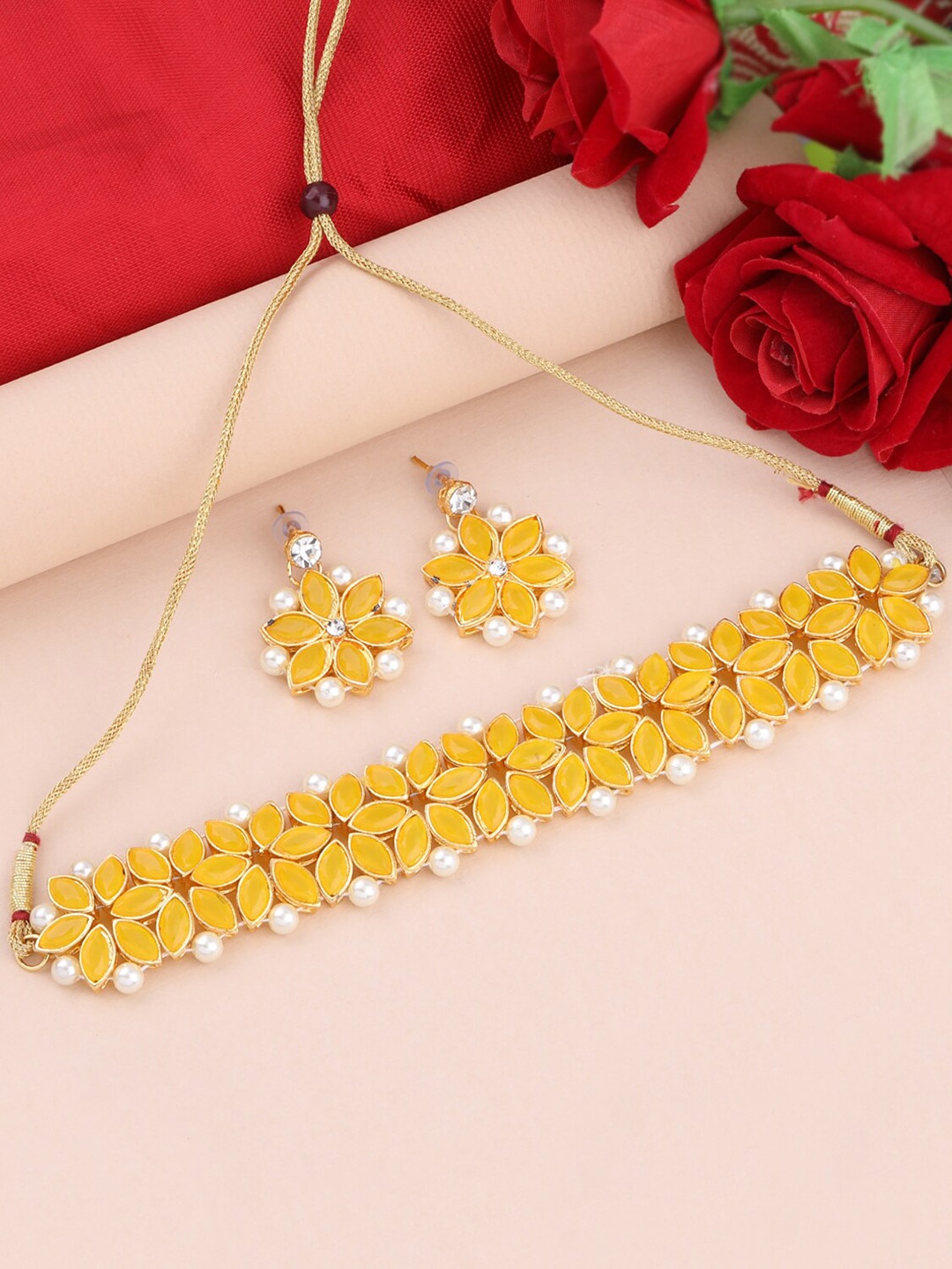 

Silver Shine Gold-Plated Yellow & Off-White Stone Studded & Beaded Jewellery Set
