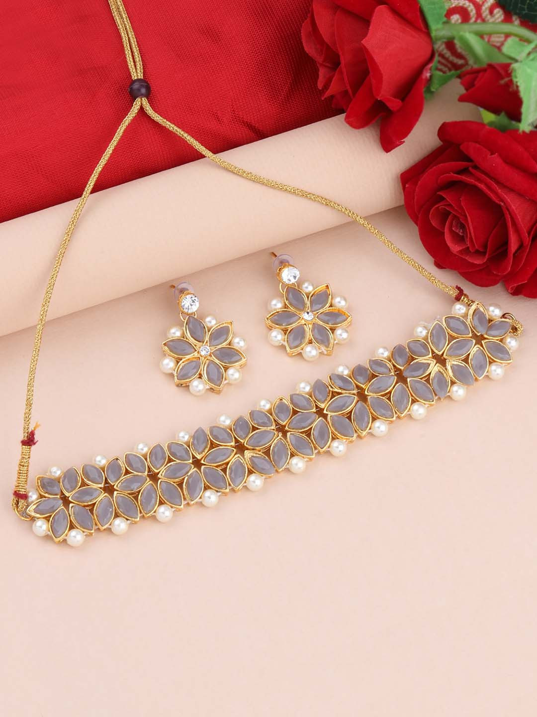

Silver Shine Gold-Plated & Grey Stone Studded Jewellery Set