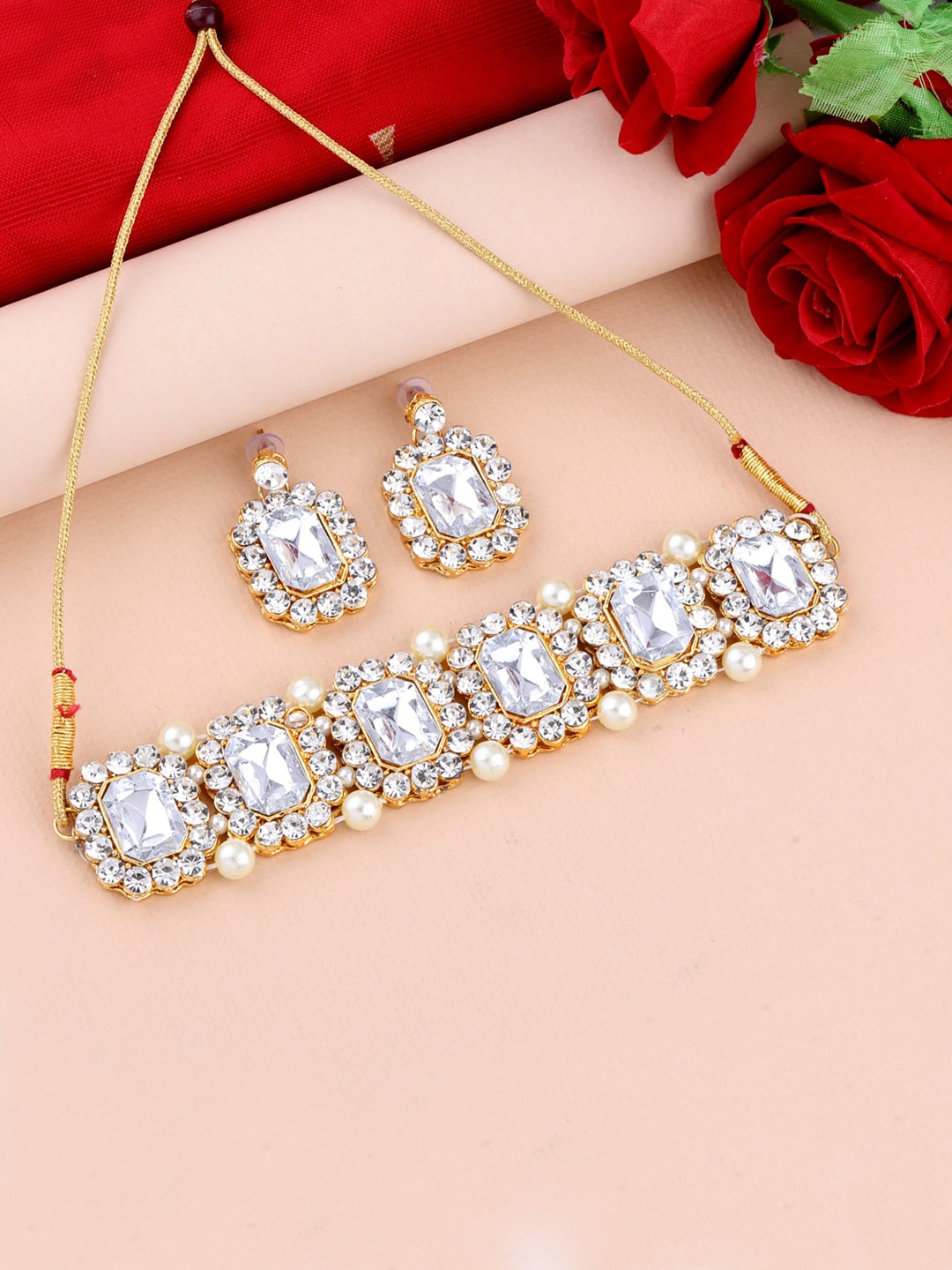 

Silver Shine Gold-Plated & White Stone Studded Jewellery Set
