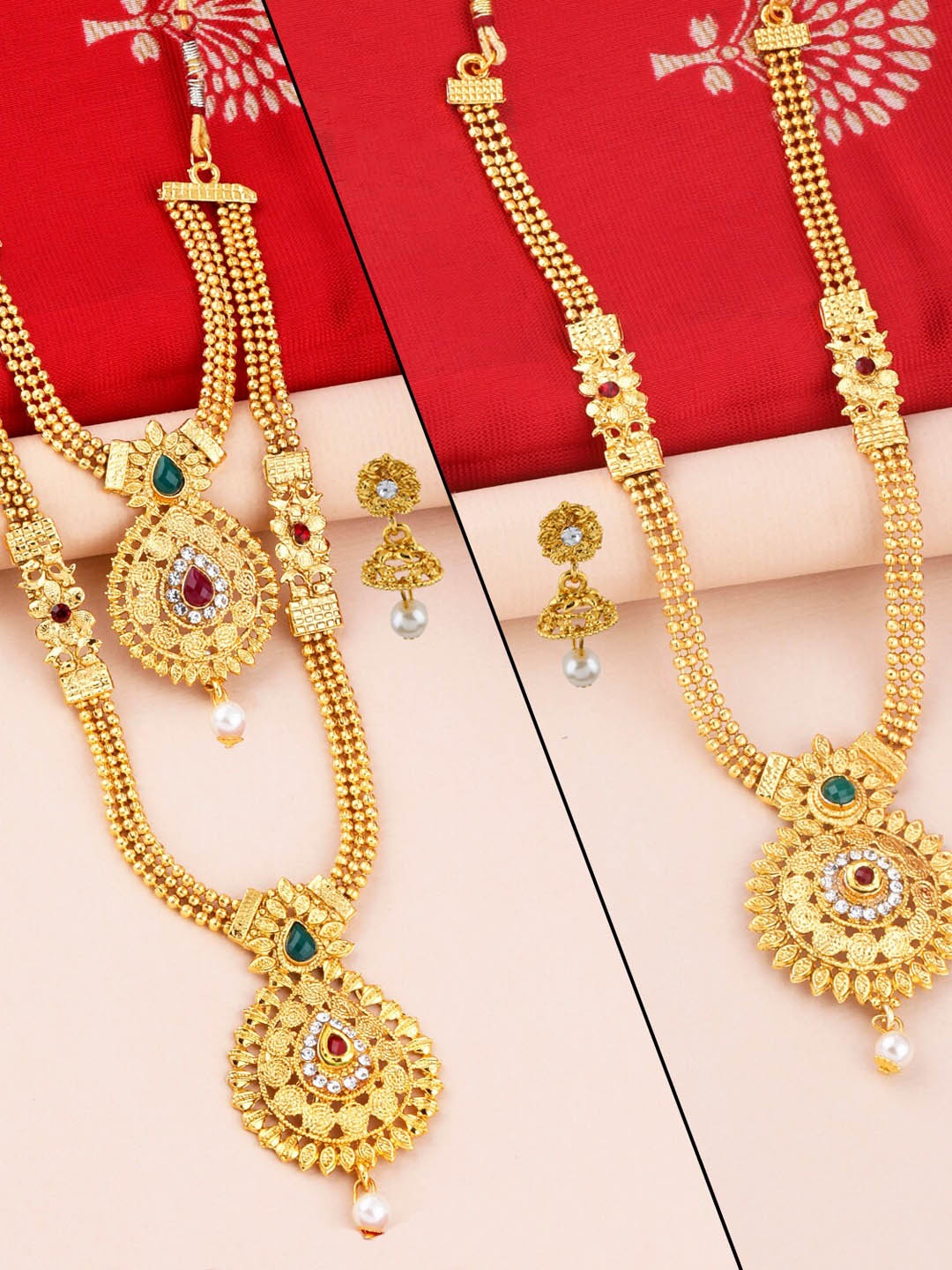

Silver Shine Gold-Plated Red & Green Stone-Studded & Beaded Jewellery Set