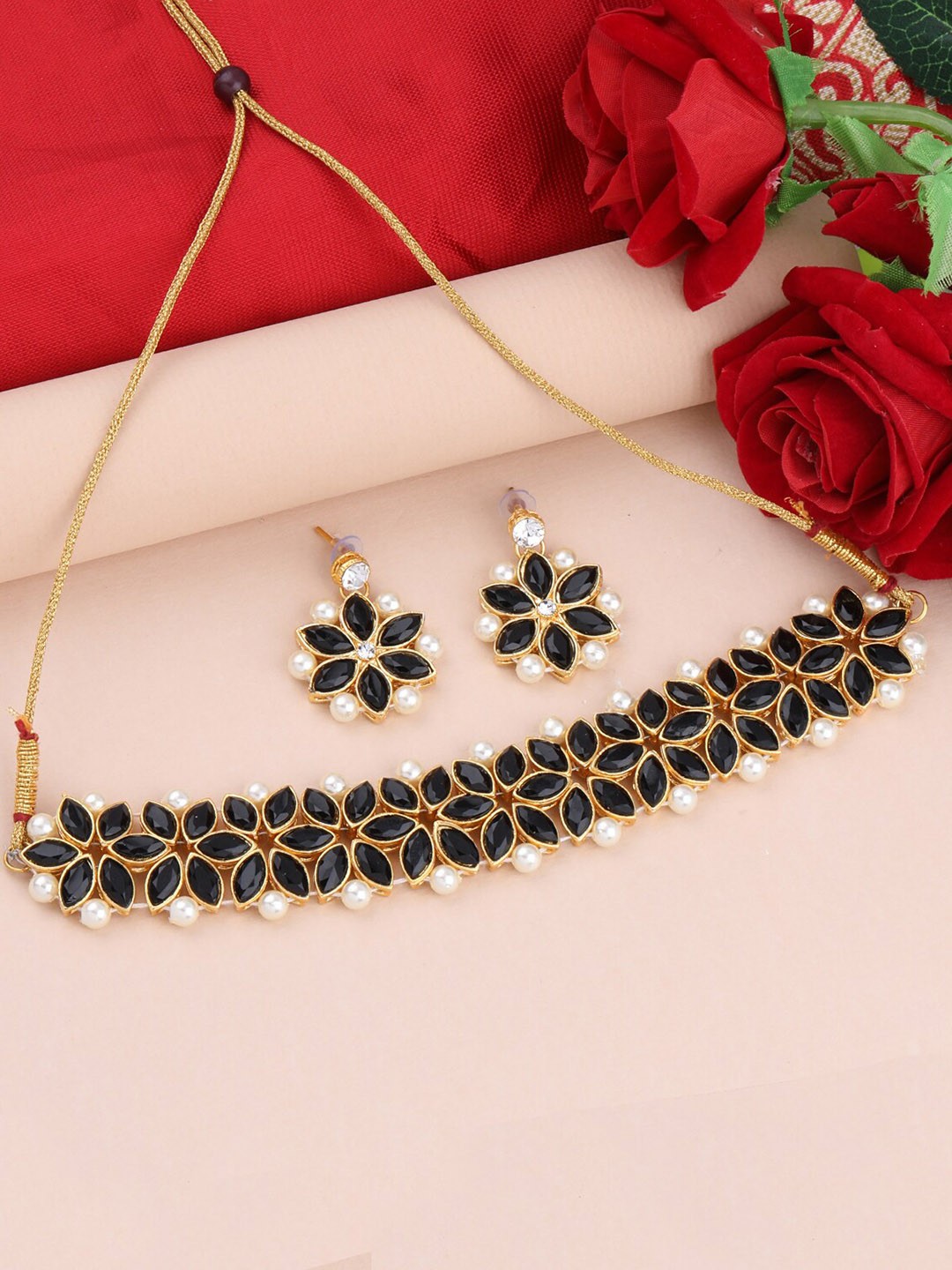 

Silver Shine Black Gold-Plated Stone Studded Jewellery Set