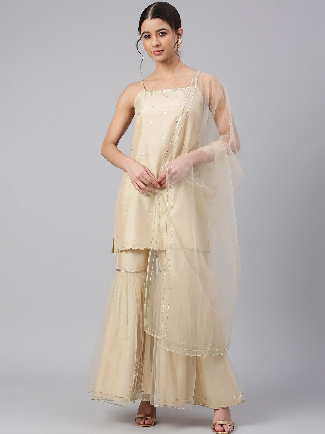 

Janasya Women Sequinned Kurta with Sharara & With Dupatta, Beige
