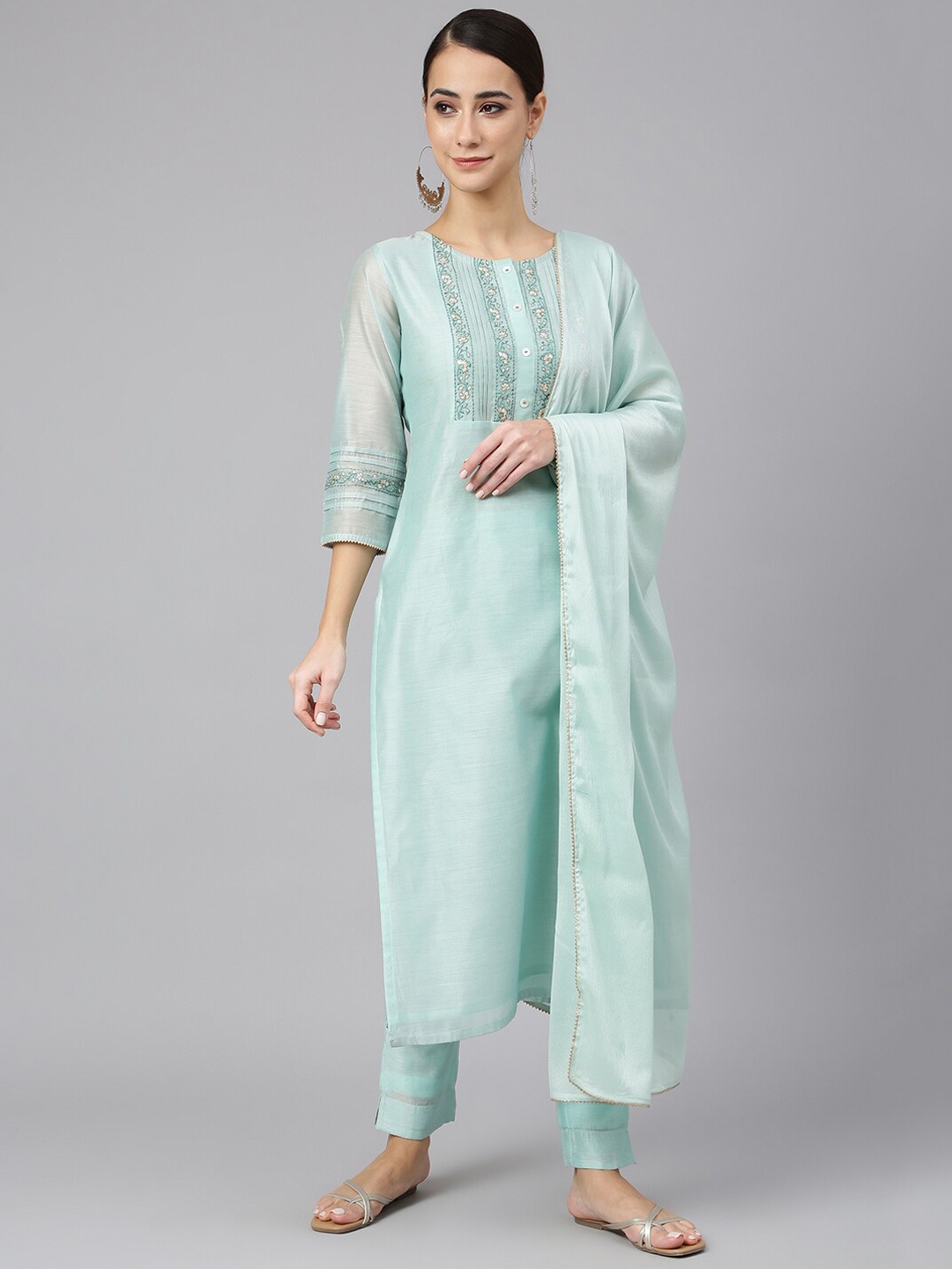 

Janasya Women Embroidered Thread Work Kurta with Trouser & With Dupatta, Blue