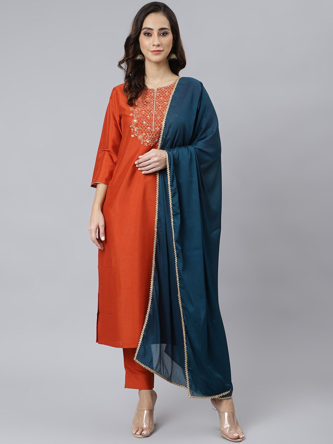 

Janasya Women Embroidered Kurta with Trousers & With Dupatta, Rust