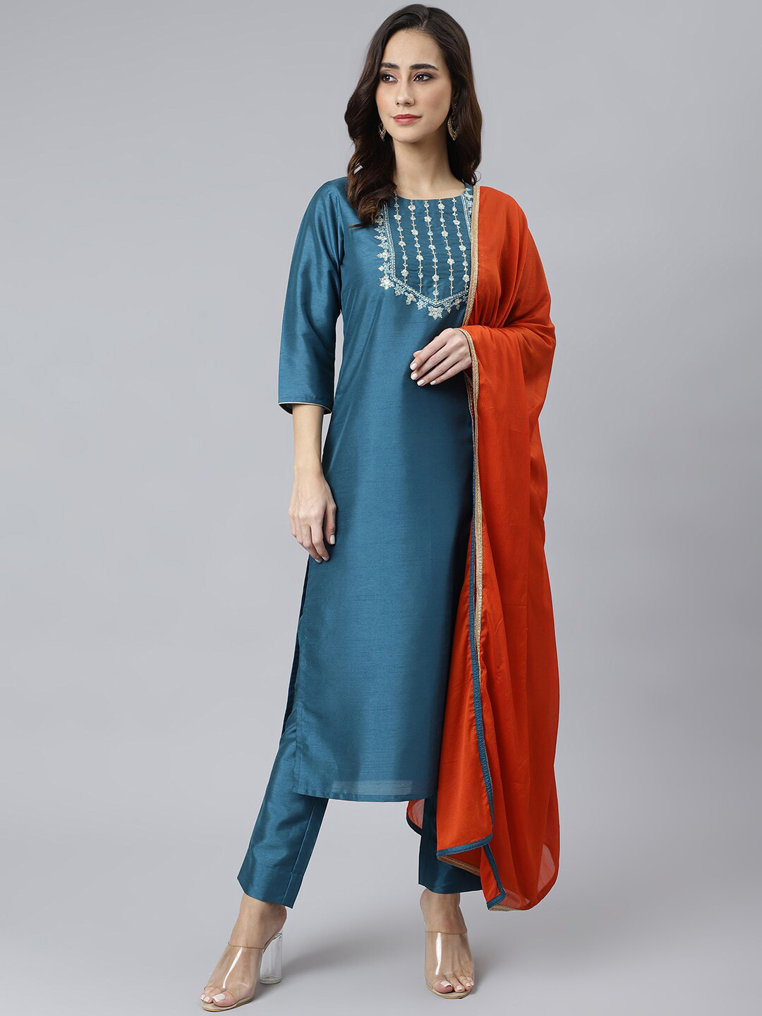 

Janasya Women Teal Blue Ethnic Motifs Yoke Design Kurta with Trousers & Dupatta