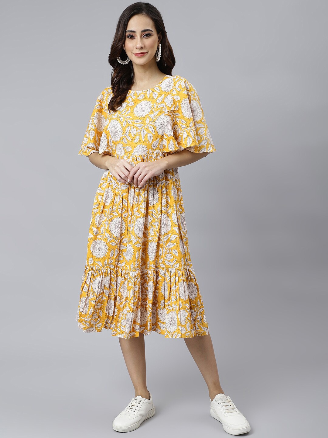 

Janasya Yellow & White Floral Print Cotton Flared Midi Dress