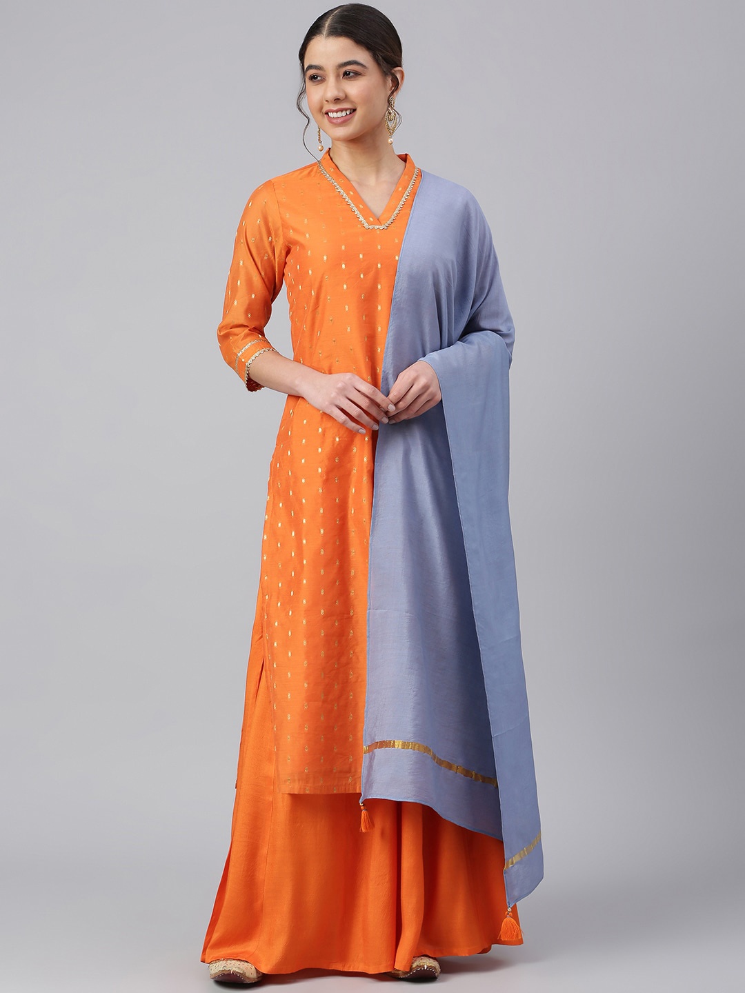 

Janasya Women Ethnic Motifs Gotta Patti Chanderi Silk Kurta with Palazzos & Dupatta, Orange