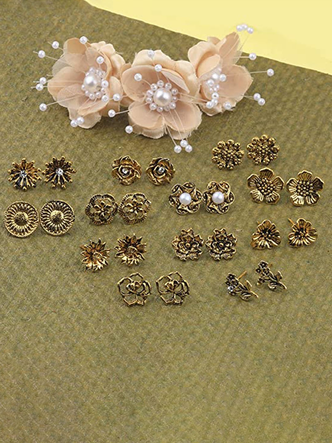

Silver Shine Set of 12 Gold Plated & White Contemporary Studs Earrings