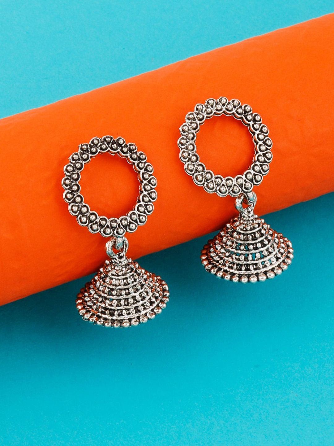 

Silver Shine Silver Plated Dome Shaped Jhumkas Earrings