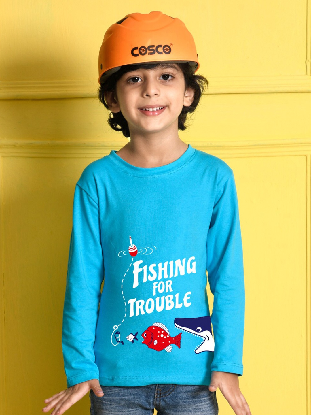 

NUSYL Boys Cotton Blue Printed Drop-Shoulder Sleeves T-shirt