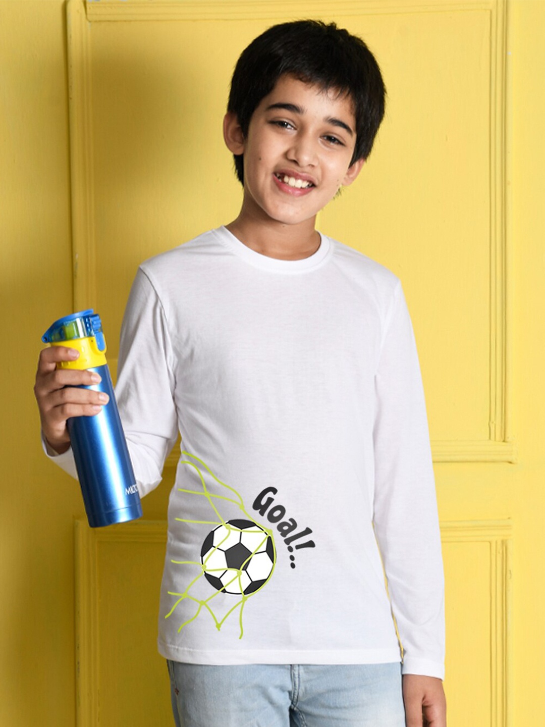 

NUSYL Boys White & Black Printed Cotton T-shirt