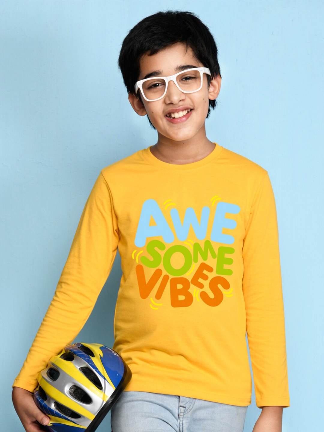 

NUSYL Boys Yellow & Blue Printed Cotton T-shirt