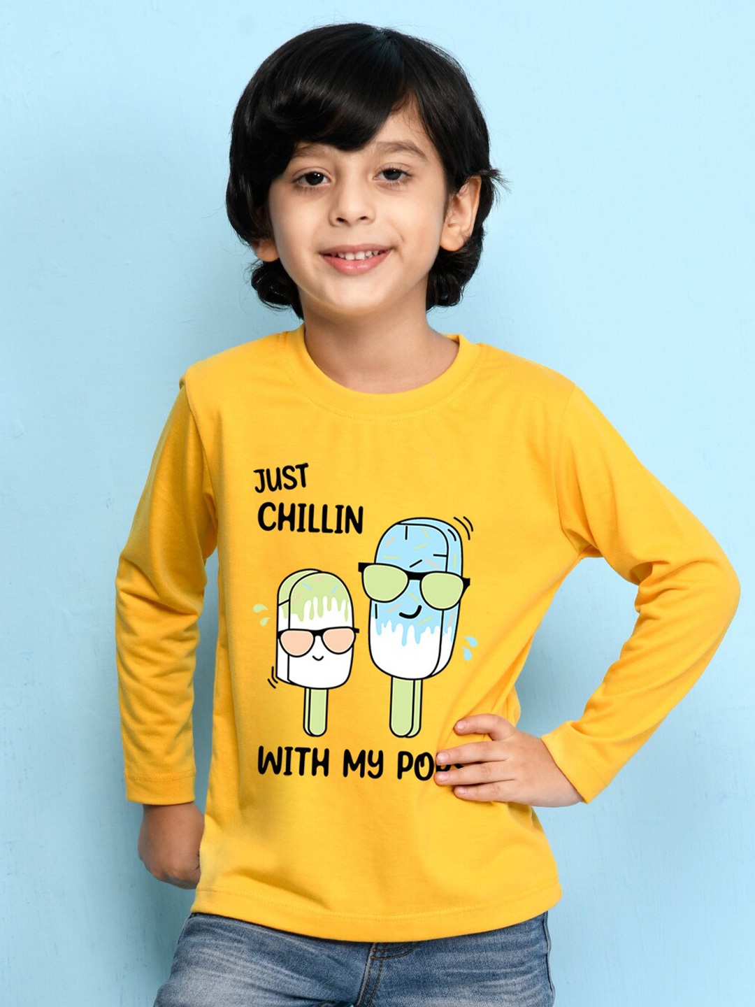 

NUSYL Boys Yellow & Black Printed Cotton T-shirt