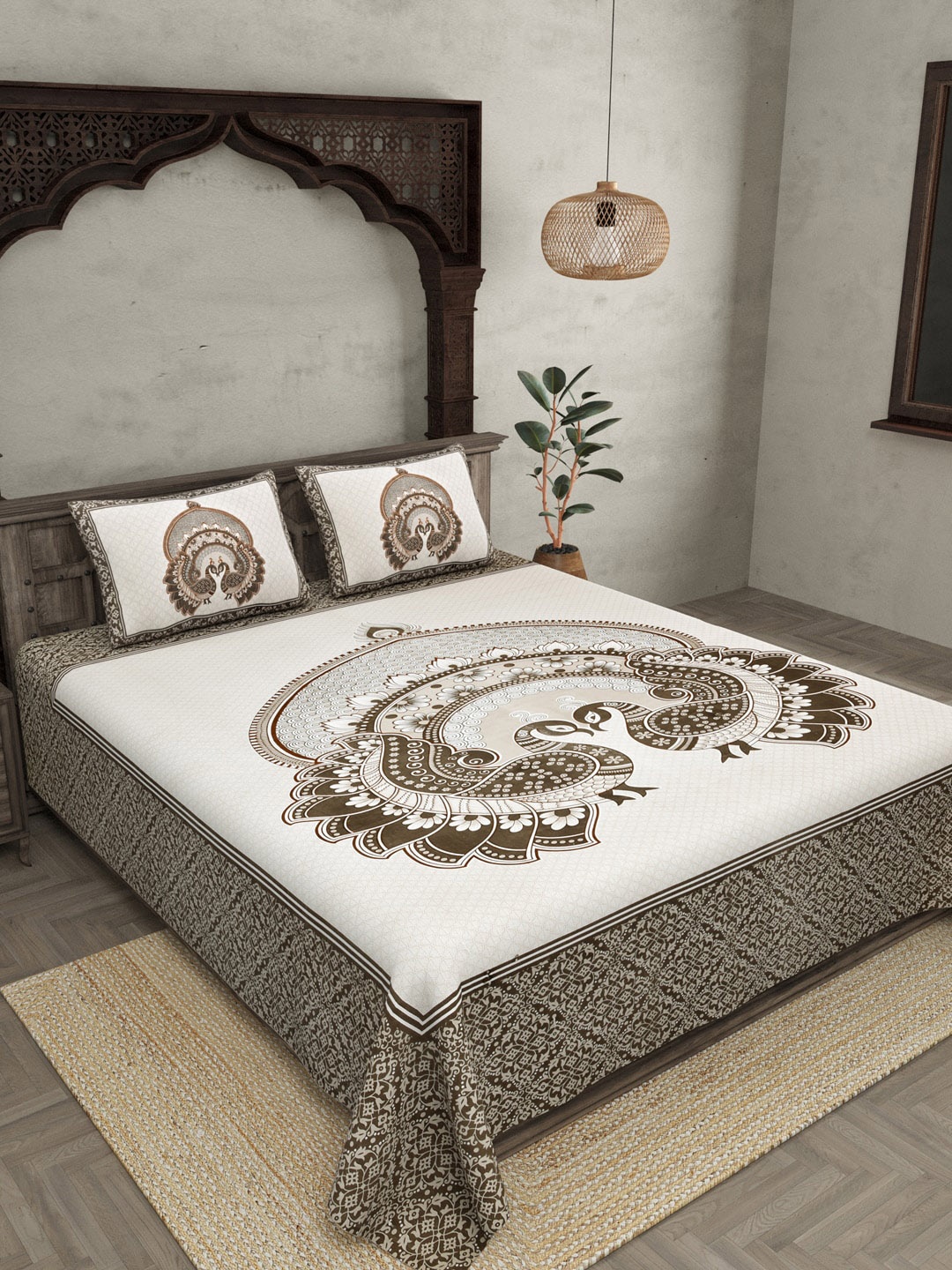 

JAIPUR FABRIC White & Grey Ethnic Motifs 180 TC Queen Bedsheet with 2 Pillow Covers
