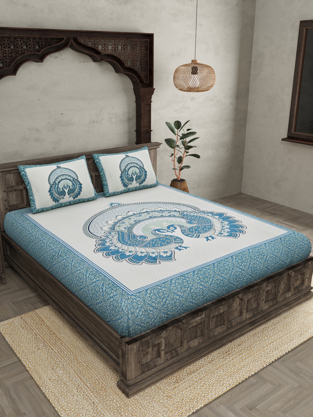 JAIPUR FABRIC Blue & Off White Ethnic Pure Cotton 180 TC Queen Bedsheet 2 Pillow Covers