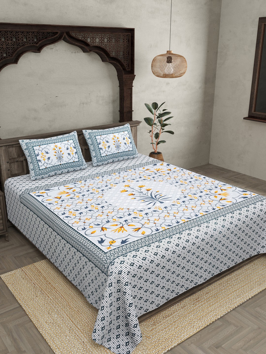 

JAIPUR FABRIC Blue & White Floral Pure Cotton 180 TC Queen Bedsheet with 2 Pillow Covers