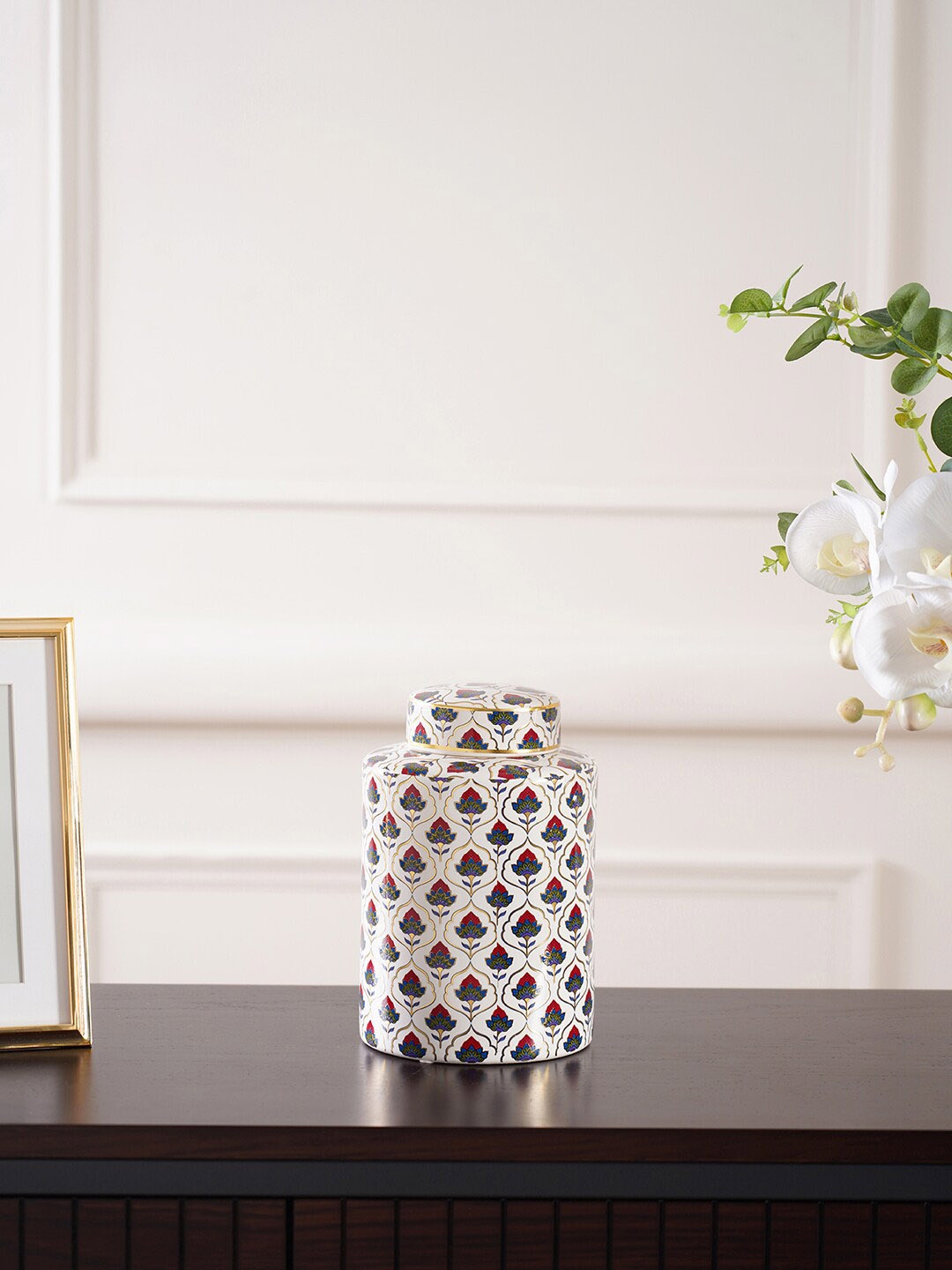 

Pure Home and Living White & Red Floral Printed Ceramic Canister 1.5 L
