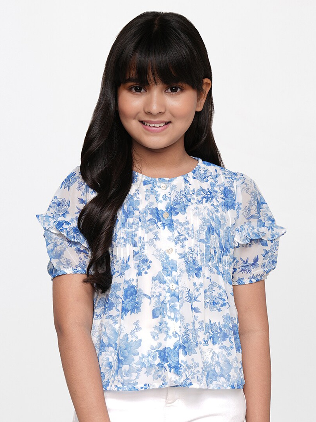 

AND Girls White & Blue Floral Print Ruffles Shirt Style Top
