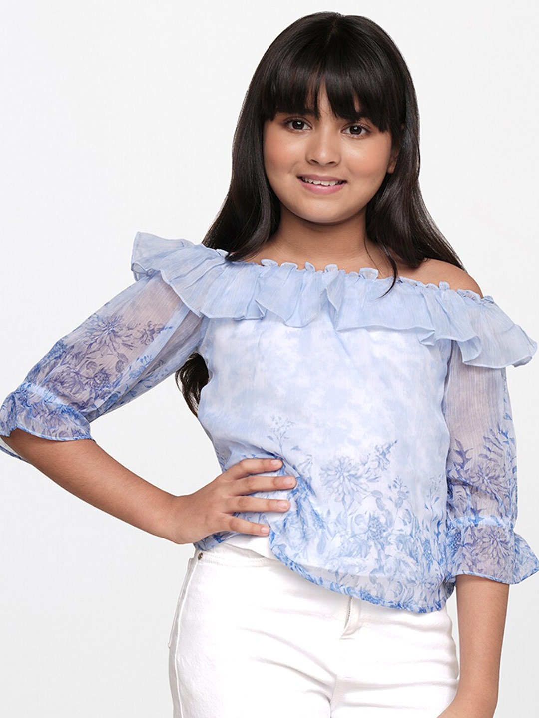 

AND Girls Blue & White Floral Print Off-Shoulder Bardot Top