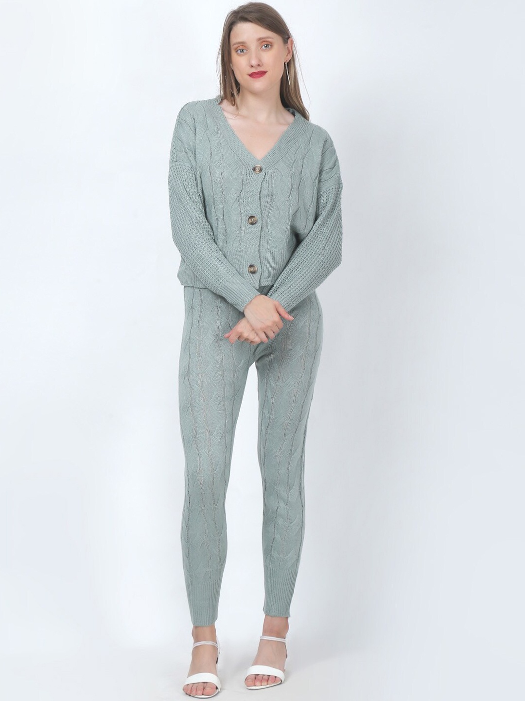 

NoBarr Women Green Self Design Knitted Jacket with Jogger Co-Ords