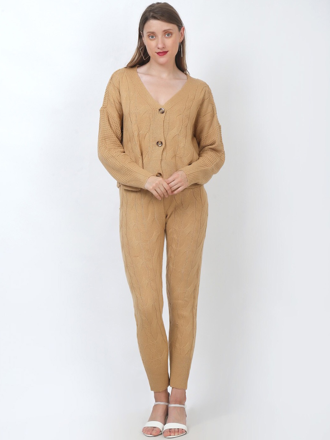 

NoBarr Women Mustard Yellow Self Design Knitted Jacket with Jogger Co-Ords