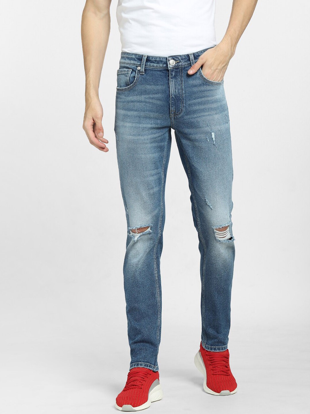 

Jack & Jones Men Blue Regular Fit Low-Rise Mildly Distressed Heavy Fade Jeans