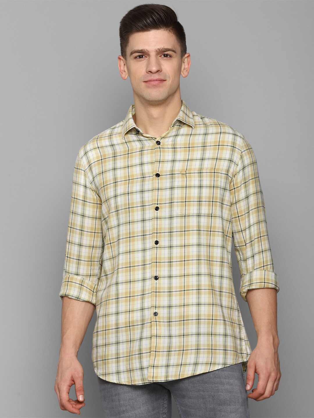 

Allen Solly Men Yellow Comfort Slim Fit Tartan Checks Casual Pure cotton Shirt