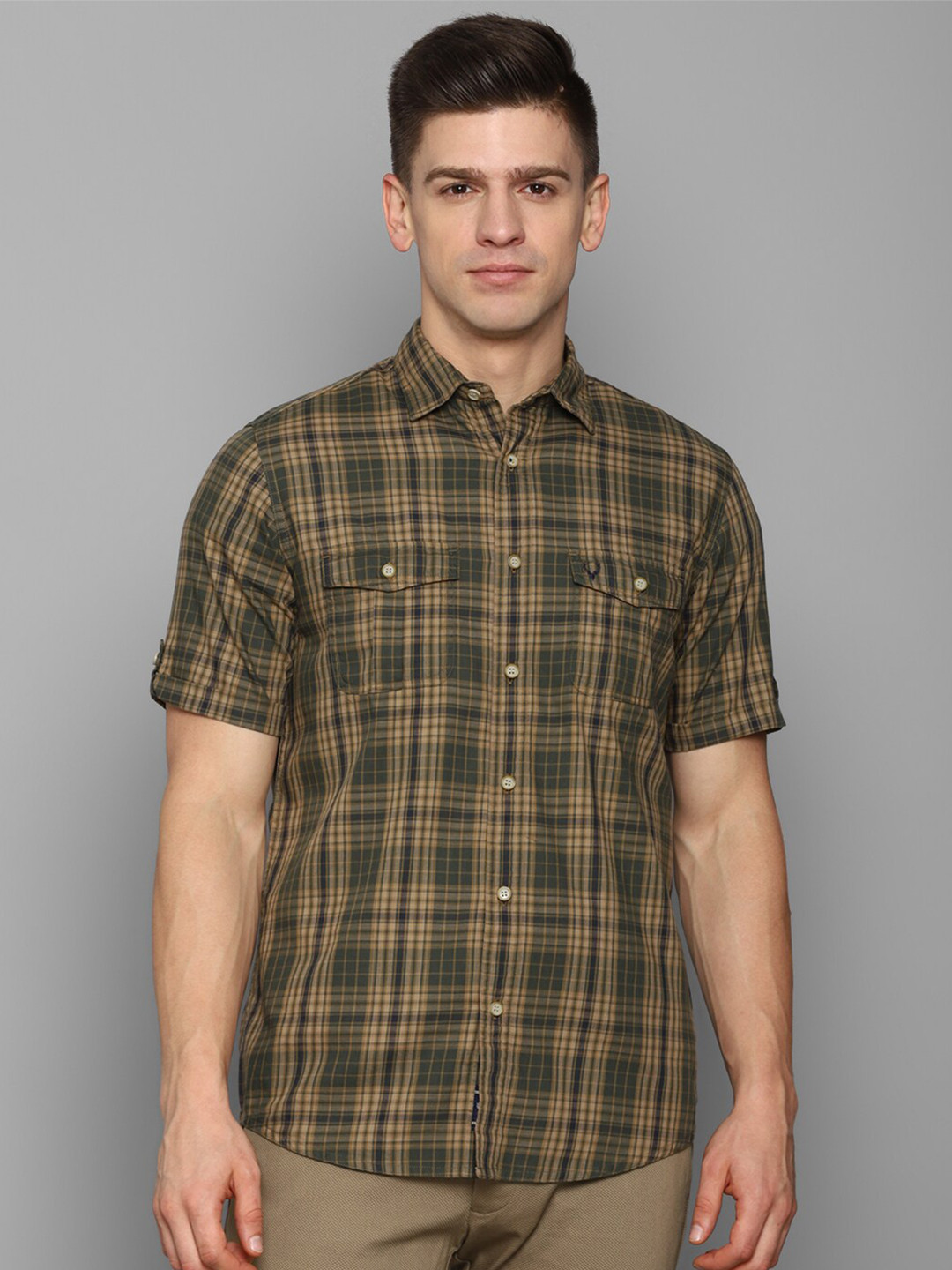 

Allen Solly Men Pure cotton Olive Green Slim Fit Checked Casual Shirt